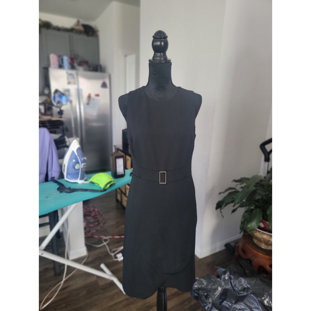 White House Black Market Buckle Waist Sleeveless Black Dress